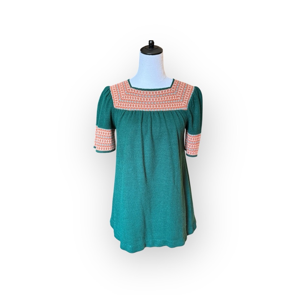 Vintage SALLY GEE 1970s Green Knit Smocked Mini Dress Womens Small